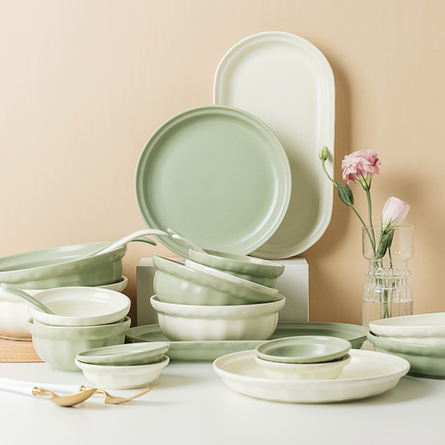 Nordic matte ceramic dish set household simple rice bowl plate tableware salad bowl cereal bowl soup bowl
