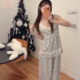夏季咖格碎花皱皱棉吊带带胸垫睡衣女法式蕾丝边长裤家居服两件套