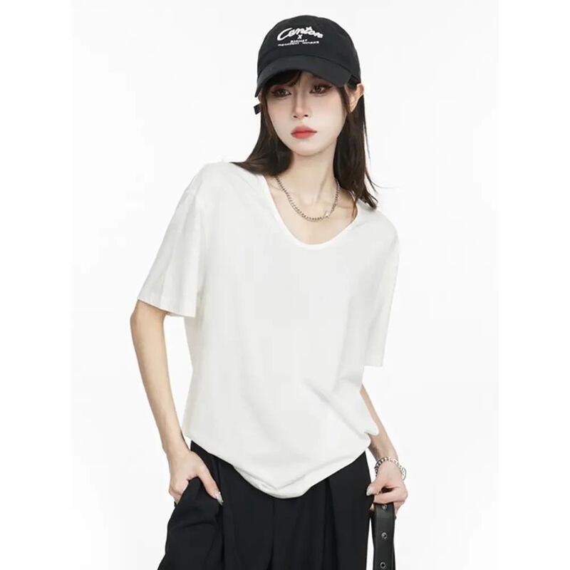 plus size Pure White U-Neck Loose Short-Sleeved T-Shirt Women's Summer 2024 European Large Lazy Style T-Shirt Jacket Spandex plus size Pure White U-Neck Loose Short-Sleeved T-Shirt Women's Summer 2024 European Large Lazy Style T-Shirt Jacket Spandex