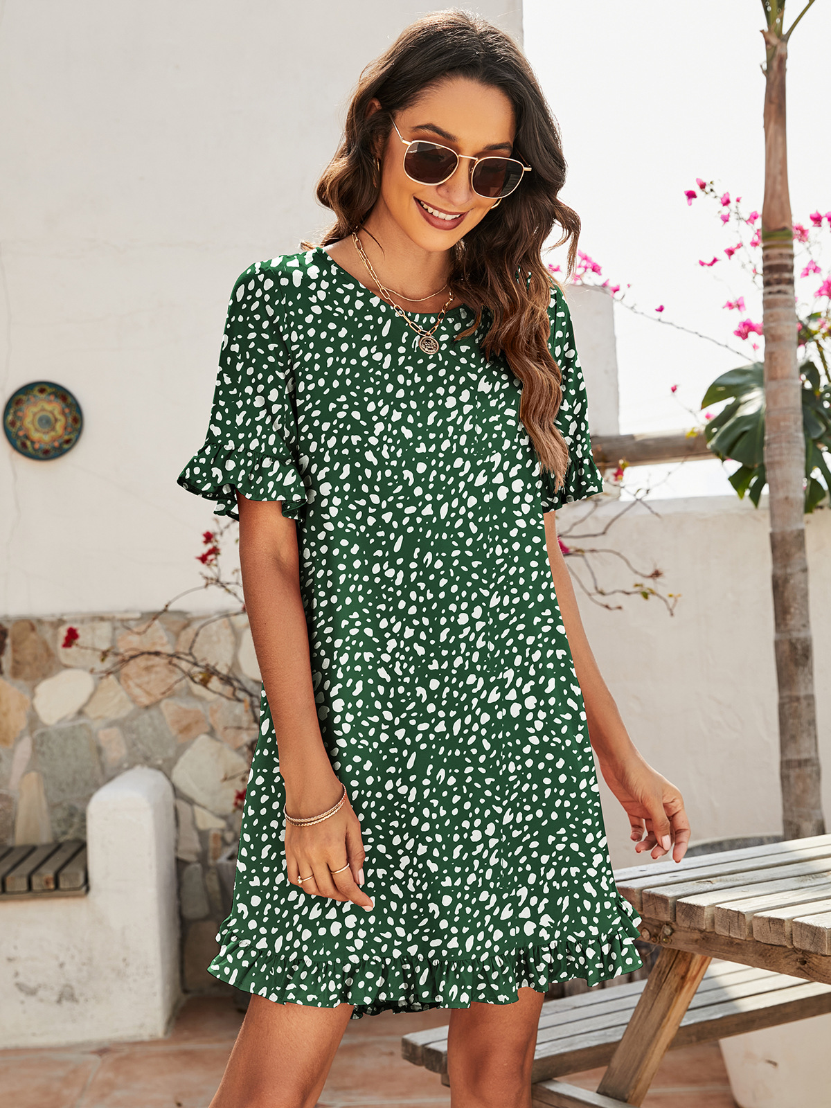 168g Weight Knee-Length Dress Length Type Short Sleeve Sleeve Length A-Line Skirt Dresses Type Flounce Sleeve Sleeve Type Polyester Fabric Type Daily Occasion Round Neck Neckline Loose Version Leopard Pattern Summer Season Women'S Gender Printing Design Fashion Style Wholesale Women'S Fashion Printing Leopard Daily Round Neck Short Sleeve A-Line Skirt 30