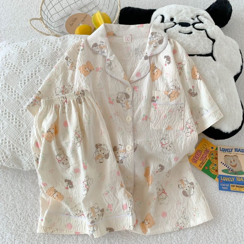 Pijama mujer nube algodón de manga corta pantalones cortos cardigan solapa de verano apertura en vivo dibujos animados transfronterizos dulce traje de servicio a domicilio