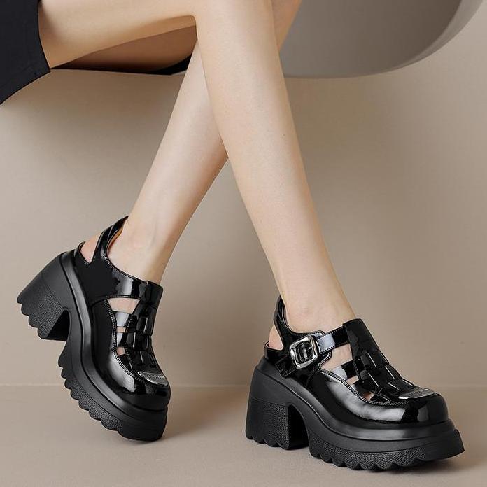 Sandal bít mũi đế dày da bóng phong cách La Mã, gót cao 10 cm — Màu be, Màu đen