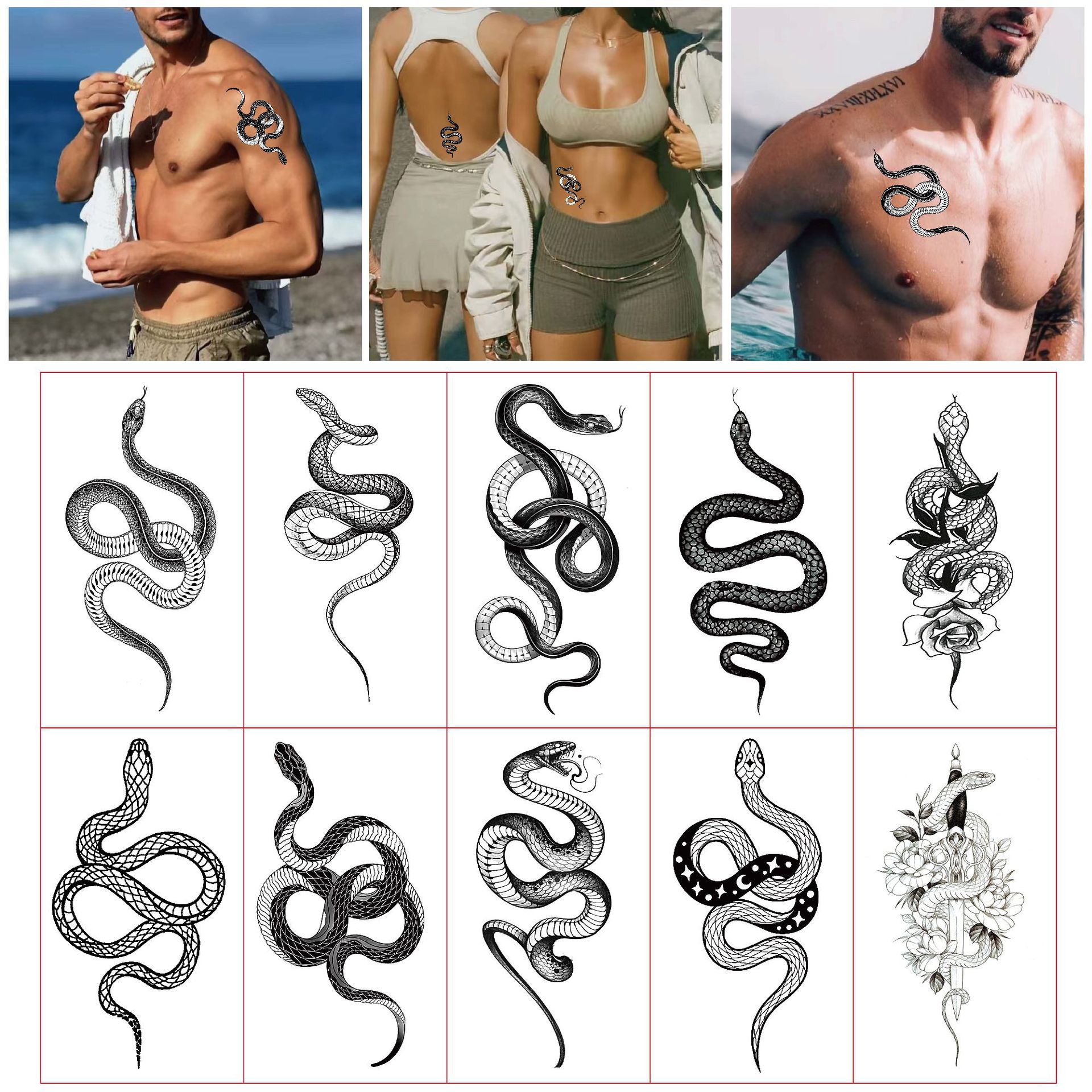 跨境欧美蛇纹身贴纸仿真刺青蛇纹图腾纹身贴一次性防水纹身贴纸