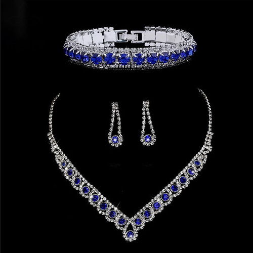 European and American bride jewelry set of four pieces blue zircon necklace earrings bracelet satin heat diamond clutch evening bag 