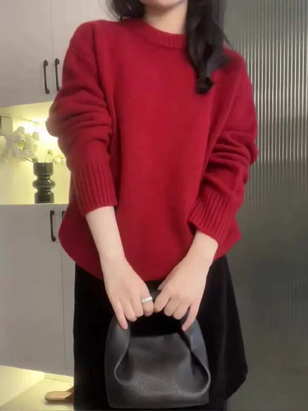 羊毛衫女100纯羊毛套头打底秋冬新款休闲慵懒风纯色百搭针织长袖|undefined