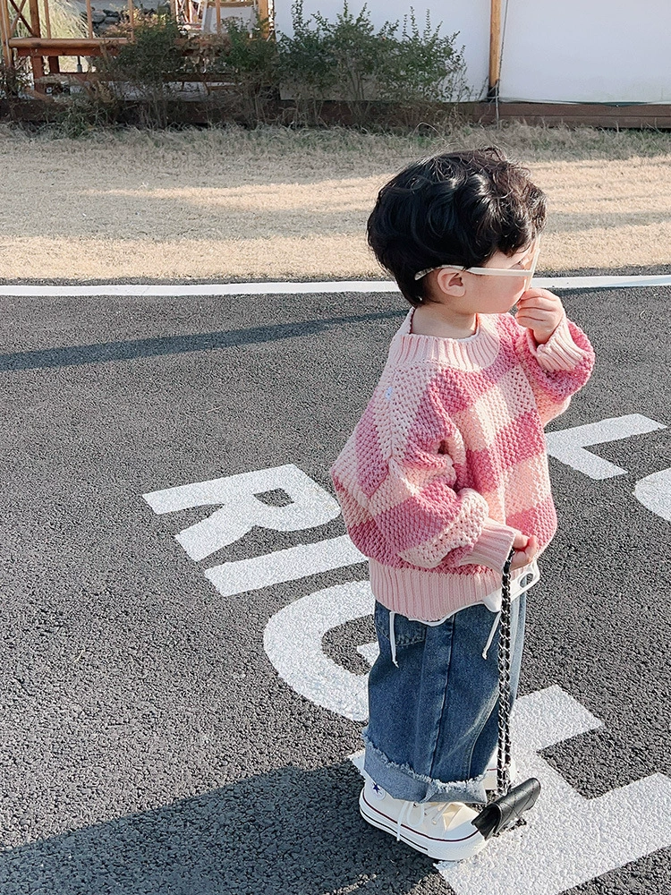 厚以 Fuchsia demi-season children's woolen sweater for boys, Korean style