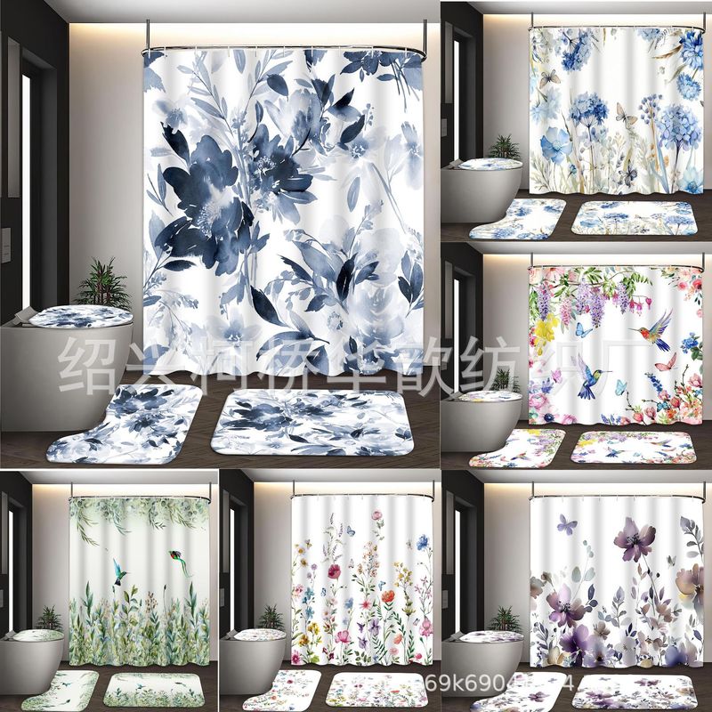 Amazon ベストセラー植物と花のシャワーカーテンセットプリントポリエステル防水シャワーカーテン 4 ピース浴室カーテン|undefined