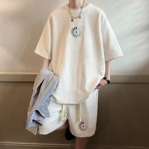 Men's Summer Simple Set Trend Brand Youth Honeycomb Short Sleeve T-Shirt and Five-Finger Shorts Casual Sports Set Foreign Trade
