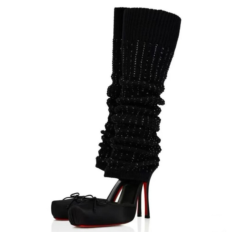 European and American New Style High-Heeled Square-Toe Ballet Shoes with Rhinestone Decoration and Bow, Long Knitted Sock Boots, Large Size Foreign Trade Sandals