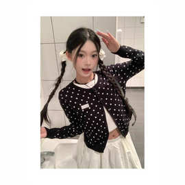 黑色波点假两件针织开衫女秋季早秋短款外搭正肩毛衣外套长袖上衣