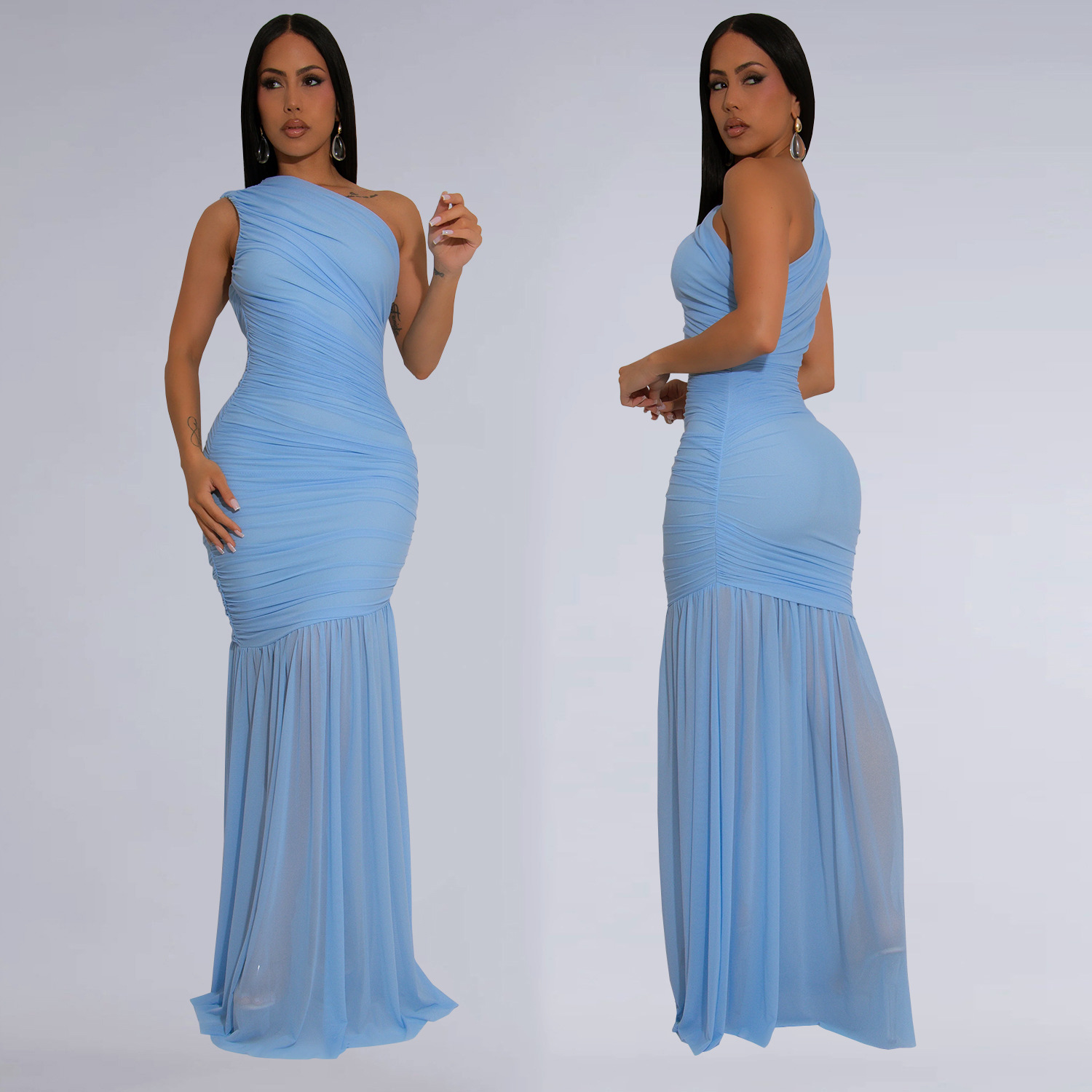 C7370 Cross-border AliExpress Amazon Moda europea y americana Vestido de color sólido transparente sexy con hombros inclinados image 5