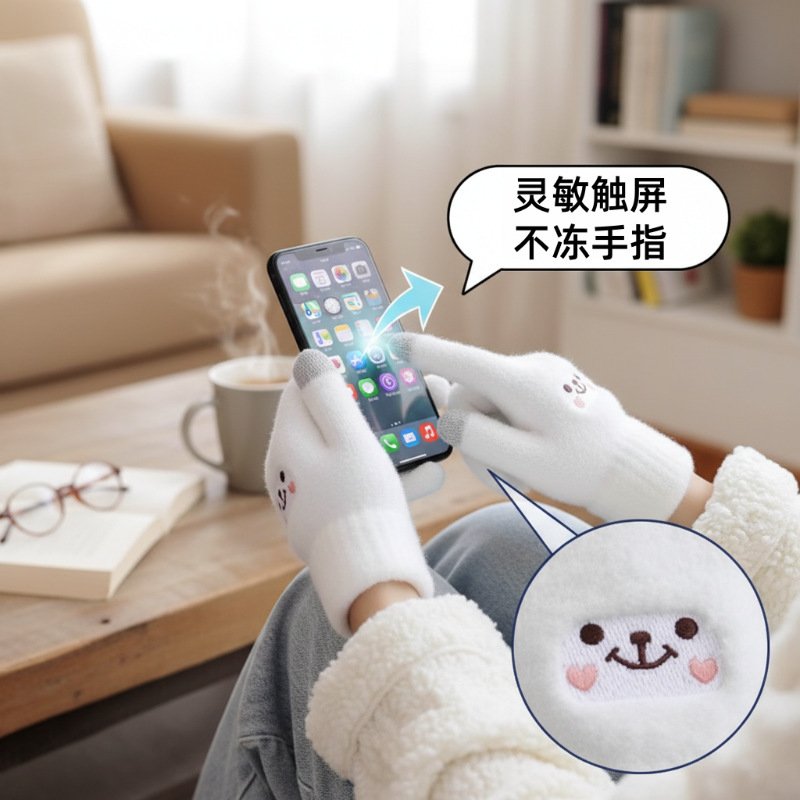 毛绒手套保暖女冬防寒加绒加厚笑脸刺绣骑行触屏针织笑脸小熊手套|undefined