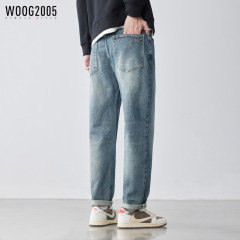WOOG2005蓝色压花水洗弹力牛仔裤男2025春秋季新款潮流百搭休闲裤