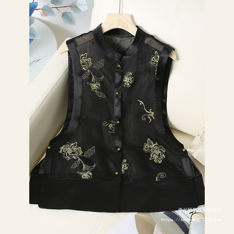 Gold Silk Embroidered National Style Vest Women's Elegant New Chinese Style Vest Summer Slimming Thin National Fashion Organza waistcoat