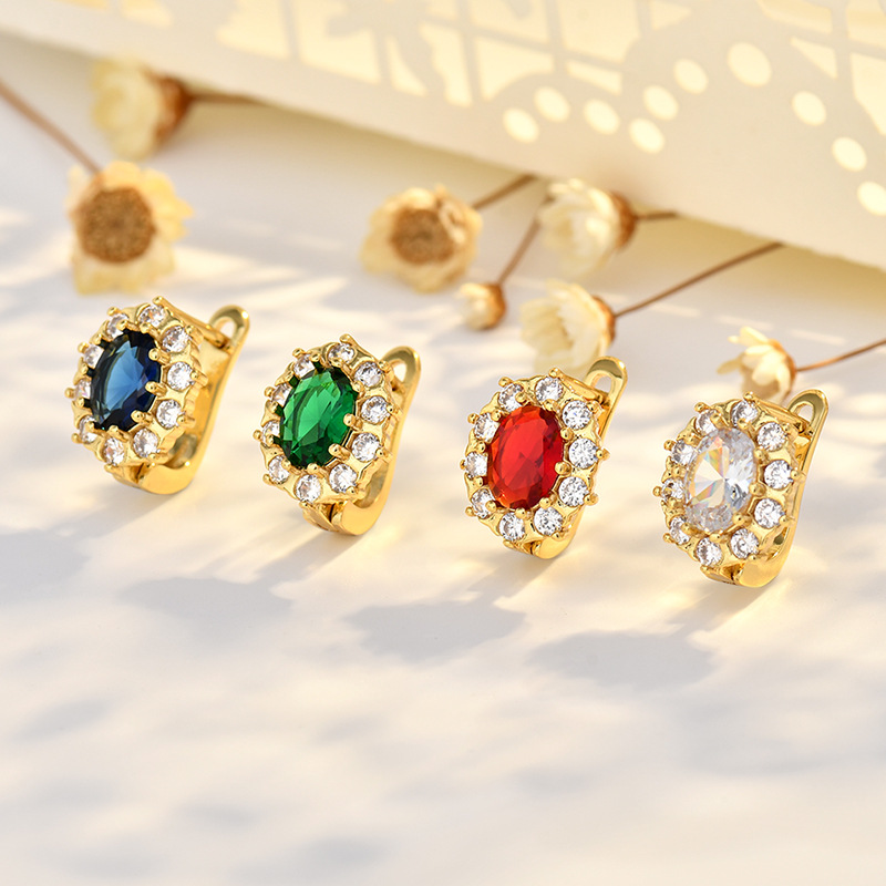 Cross-Border Wish New European and American Fashion Gold Earrings Women's Zircon Emerald Gemstone Earrings Jewelry