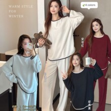 JIEAINA简约休闲风撞色美学睡衣套装女秋冬新款云舒绒圆领家居服