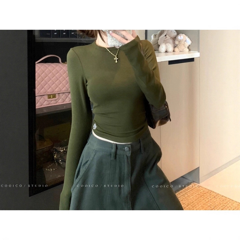 Army Green Hot Girl Tight-Fitting Right-Shoulder Long-Sleeved T-Shirt Bottoming Shirt for Women in Autum Pure Desire to Show Off Their Figure Short Top White