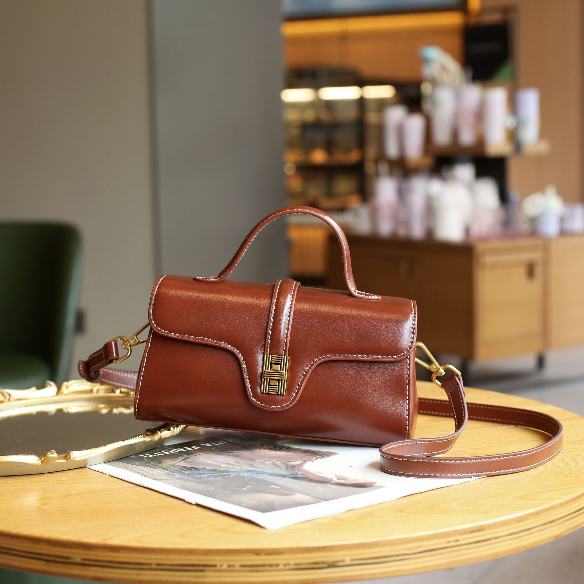 Women's Crossbody Bag - Top Grain Vegetable-Tanned Leather Shoulder Bag With Wide Webbing Strap, Retro High-End Texture Commuter Motorcycle Bag - Thumbnail 6