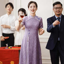 夏季薄款喜婆婆婚宴装2026新款婚礼妈妈喜服年轻款紫色连衣裙礼服