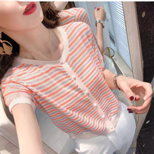 条纹短袖T恤女2024年夏装新款韩版修身圆领薄款冰丝针织上衣ins潮