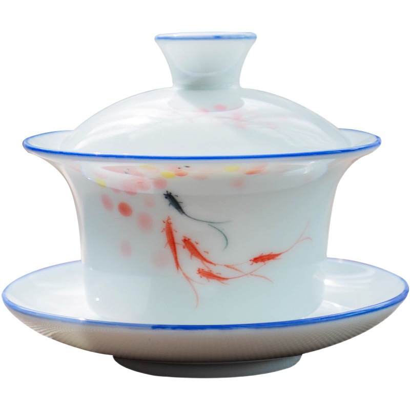 Cubierta pintada a mano Tazón juego de té de Kung Fu Tazón de cerámica porcelana blanca hogar solo tres-Cai Chong dulce burbuja de porcelana blanca lejos Cuenco de cubierta Yuanshan