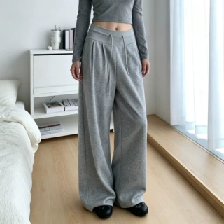 灰色弯刀阔腿裤2026年小个子女装秋新款高腰宽松显瘦运动休闲裤子