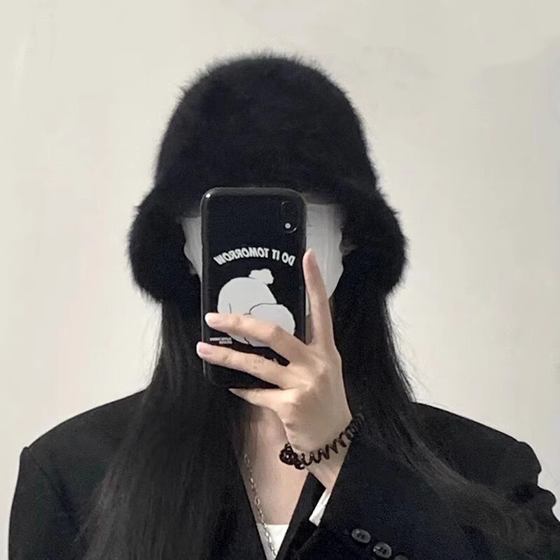 渔夫帽子女款秋冬季韩版百搭ins黑色兔毛绒水桶帽遮脸显脸小盆帽|undefined