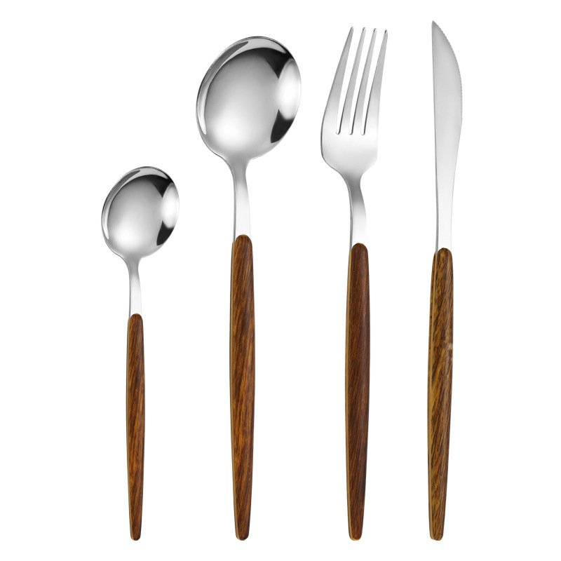 Cruzar la frontera imitación mango de madera de acero inoxidable cuchillo de carne y tenedor vintage portugués occidental vajilla traje postre cuchara tenedor