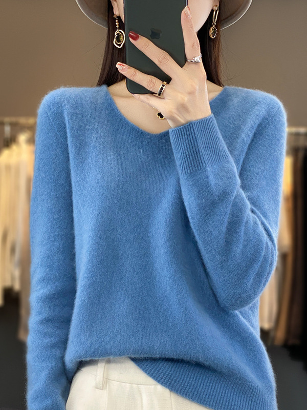 一线成衣V领羊毛衫女春秋款简约百搭羊毛衫宽松套头针织打底衫潮|undefined