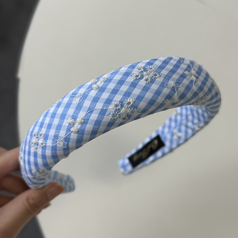 森系刺繍砕花カチューシャレディース2025春夏新作格子縞優しい高級感ハイトップカチューシャ髪飾り|undefined