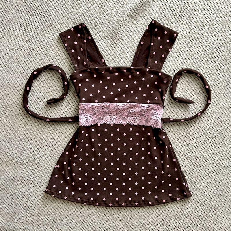 2025 Summer New Cute Style Niche Design Lace-Up Polka Dot Lace Splicing Sling for Women