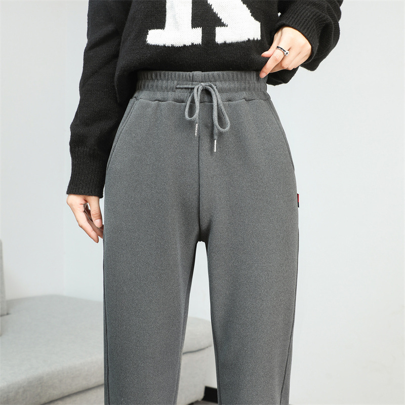 法米姿 羊羔绒运动加绒裤女新款加厚卫裤高腰显瘦束脚休闲裤哈伦