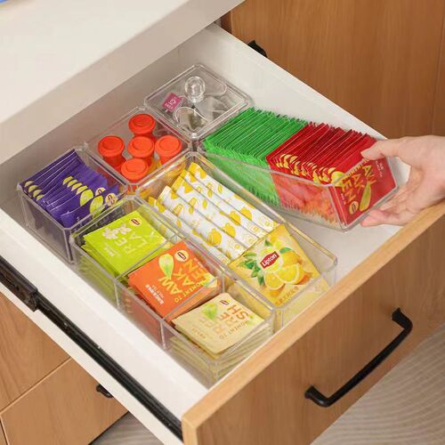 Tea bags, coffee capsules storage shelf, sugar bag stirring stick, coffee milk tea bag acrylic storage with lid on bar counter