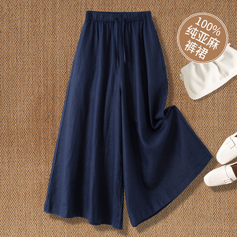 Summer Thin Breathable Drapey Pure Linen Cropped Culottes for Women, Artistic Large Size Loose High-Waisted Casual Wide-Leg Pants