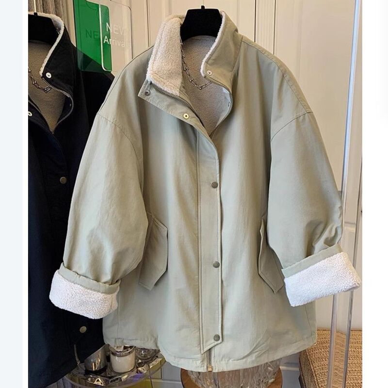 Korean Mid-Length Velvet Thickened Parka Women's New Winter Loose Splicing Lamb Wool Cotton Jacket