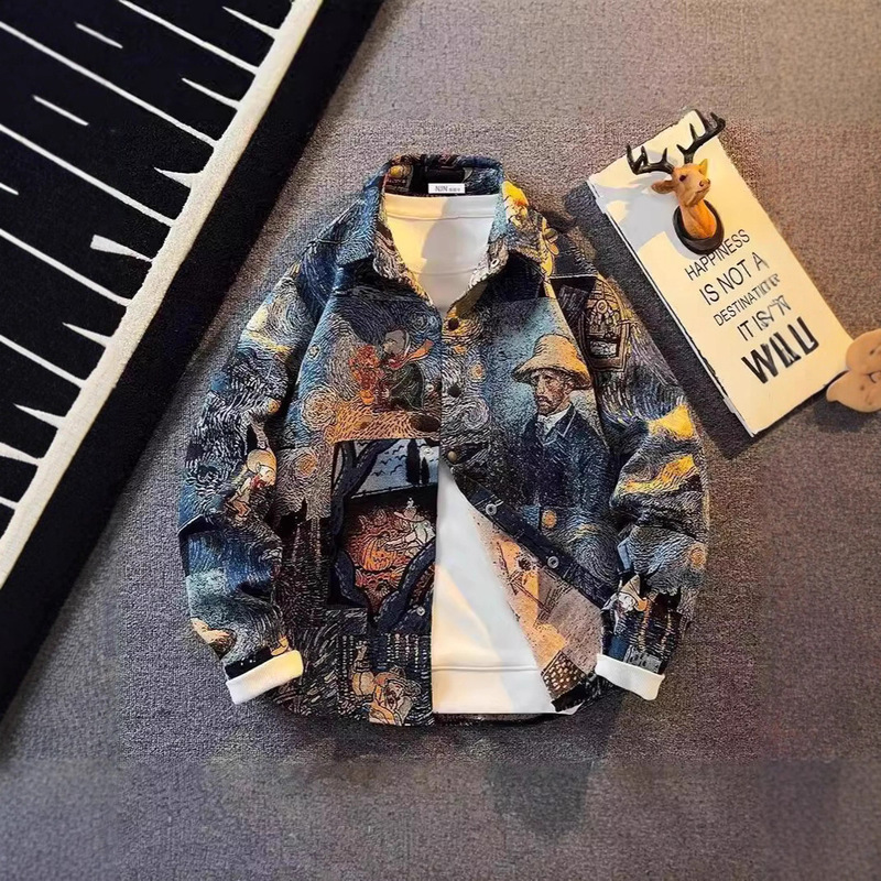 American Retro Van Gogh Oil Painting Shirt Men's Jacquard Jacket Trendy Brand Art Student Shirt Design Casual Jacket American Retro Van Gogh Oil Painting Shirt Men's Jacquard Jacket Trendy Brand Art Student Shirt Design Casual Jacket