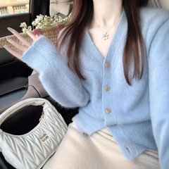 休闲百搭宽松法式复古奶蓝色V领毛衣女秋冬开衫外套新款上衣