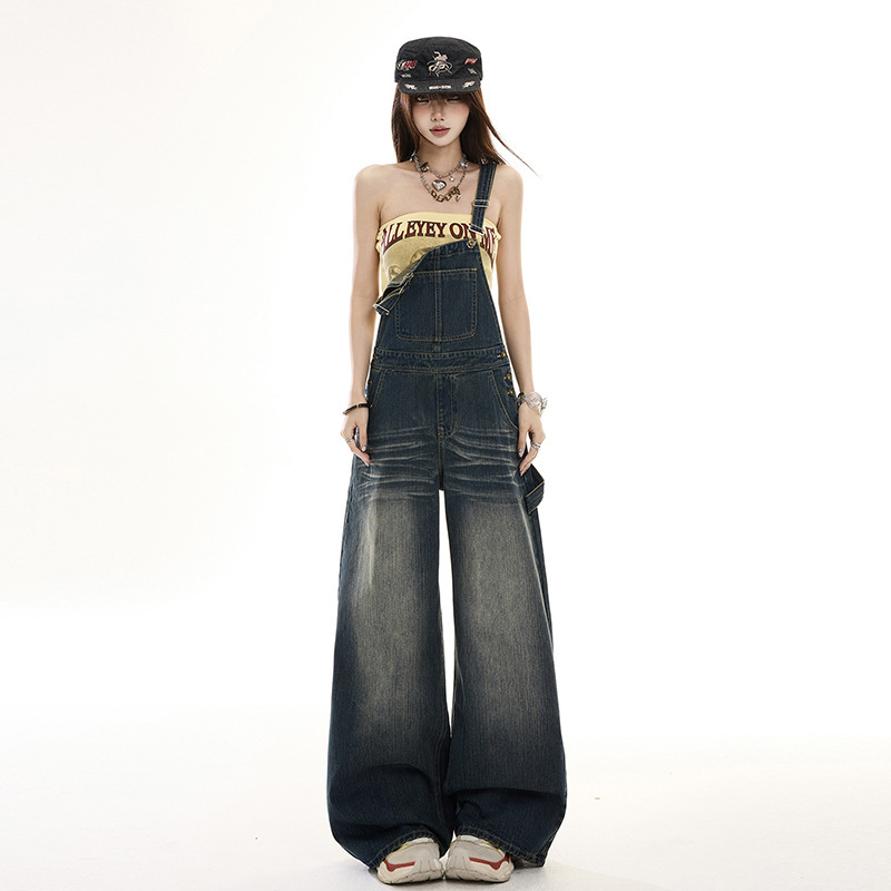 American-style washed distressed denim overalls for women, new autumn 2026 model, straight loose high-waisted slimming jumpsuit American-style washed distressed denim overalls for women, new autumn 2026 model, straight loose high-waisted slimming jumpsuit