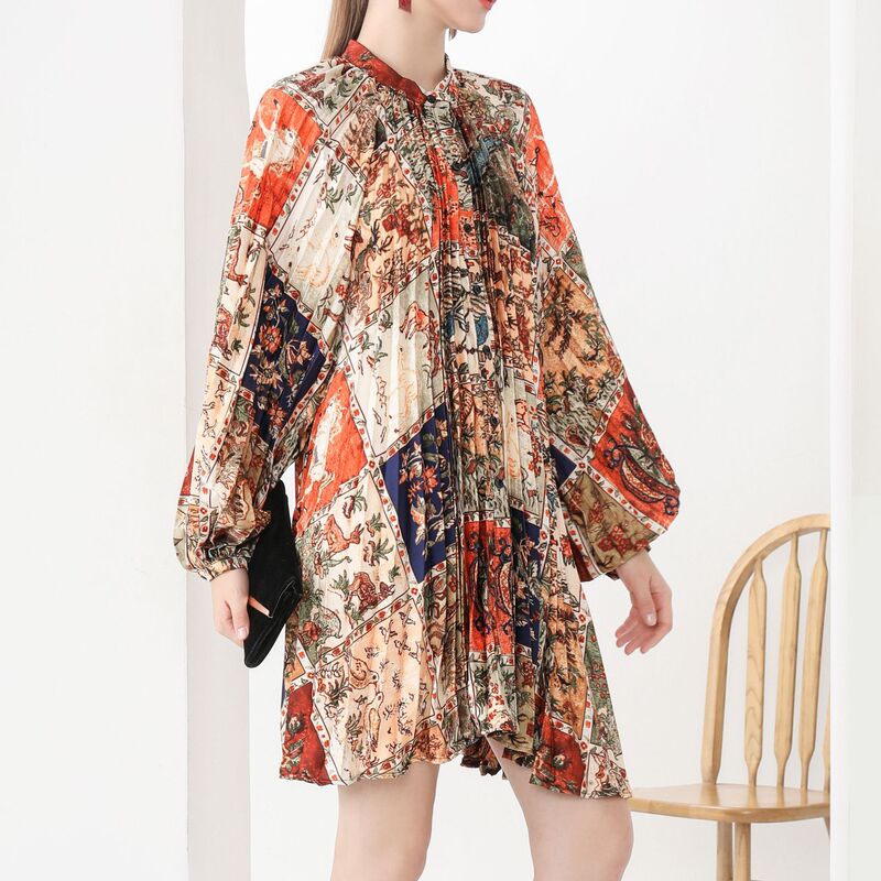 Chunxin Europe and the United States cross-border personalized printing full-open pleated lantern sleeve temperament heavy-duty shirt long dress