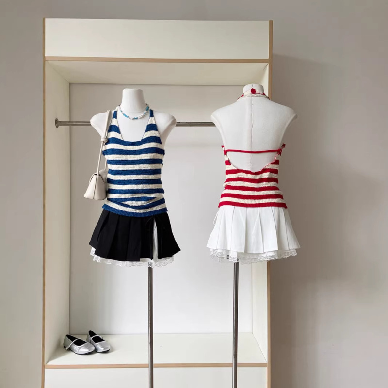 Chenjiazhen American-Style Short Halter Top for Women, Summer Versatile Pure Desire Hot Girl Style Striped Knit Tank Top