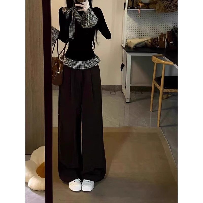 韩系chic假两件长袖t恤女春秋新款格纹拼接修身内搭打底衫上衣潮|undefined