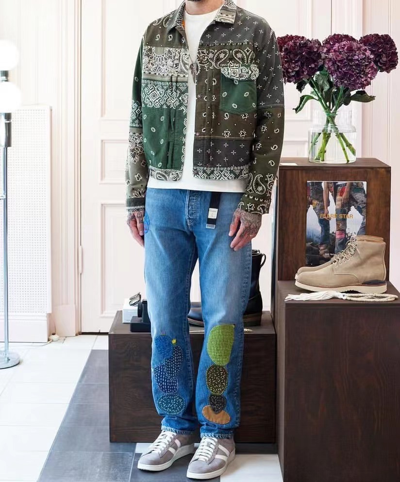 KAPITAL VINTAGE Kazuhiro Hirata ins style cactus embroidery handmade patch loose large size jeans_voghion.com