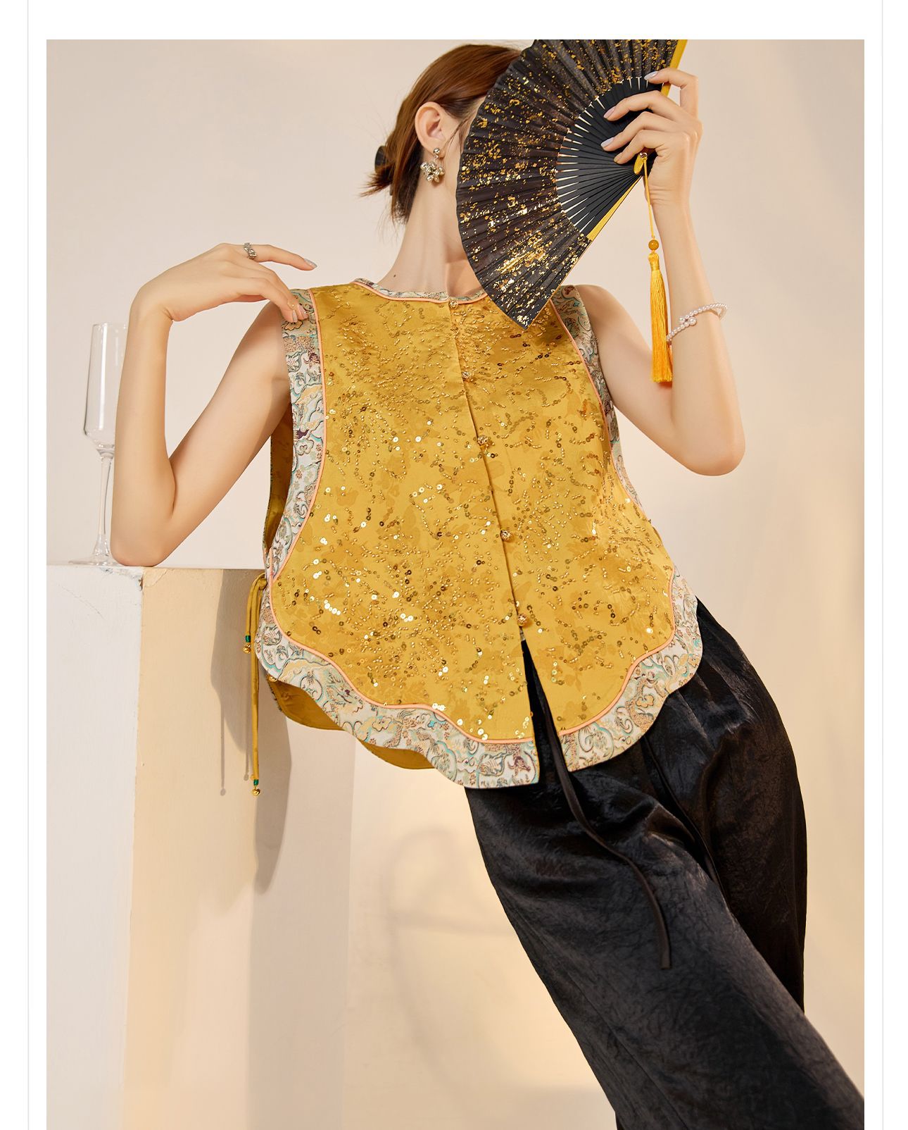 Áo vest gile nữ phong cách retro Tân Trung Hoa, cổ đứng, thêu đính hạt cườm tinh xảo — Vàng chanh chi tiết 10