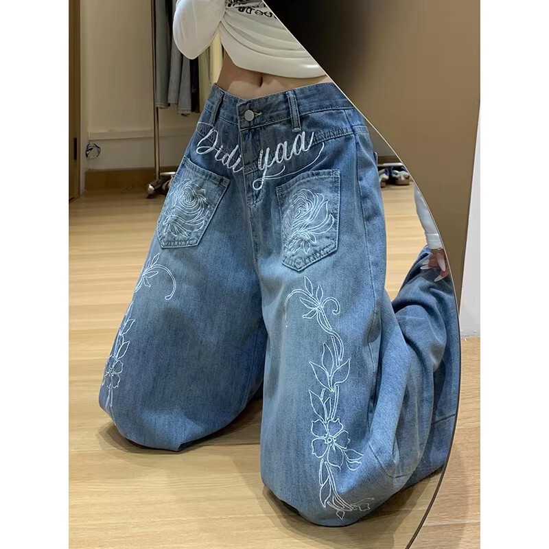 Rose Letter Embroidery Jeans, Washed and Distressed Pants, Straight-Leg Scimitar Pants, Gucci Rose Flower Jeans