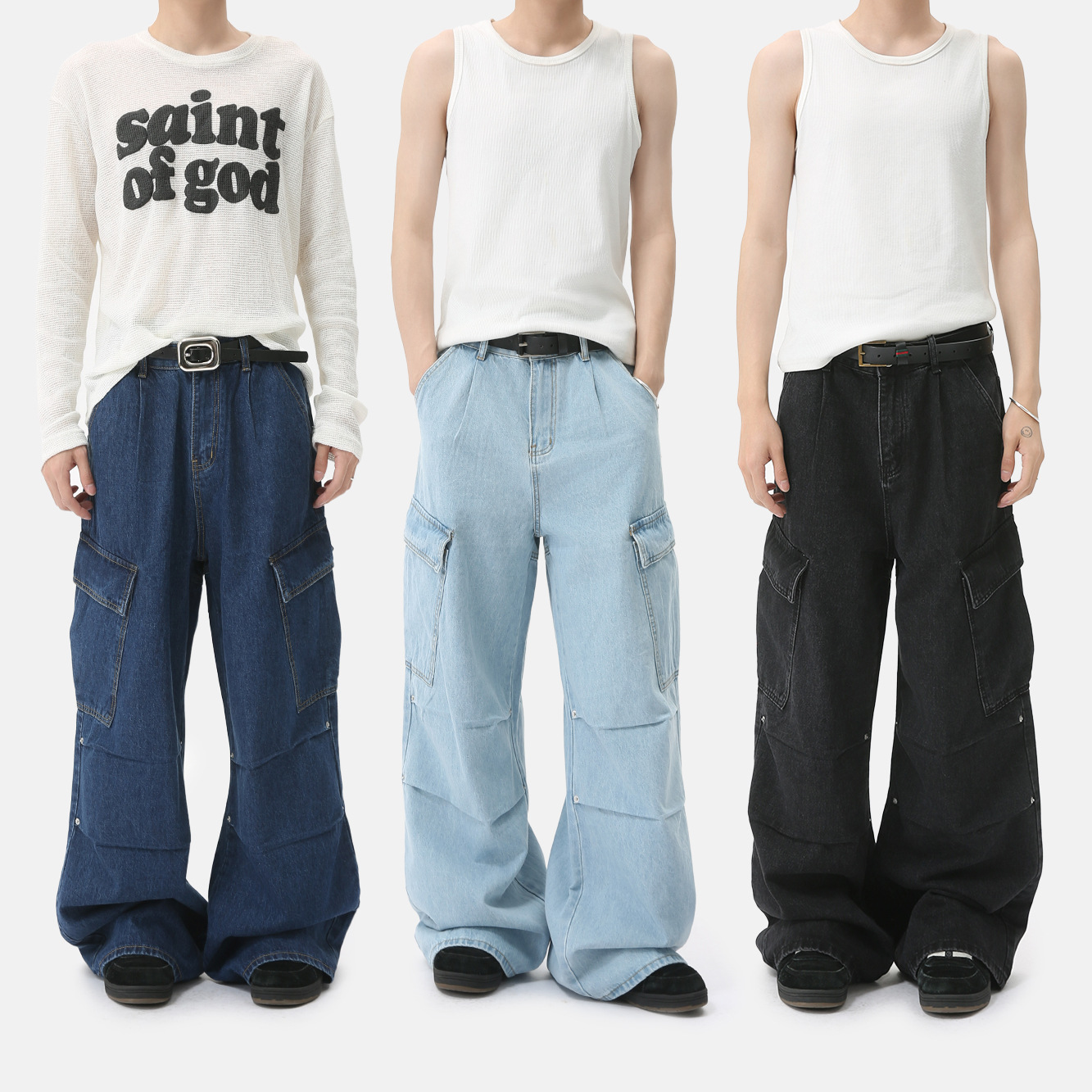 MTLCLOTHES男装|韩系高街重工解构立体多口袋直筒阔腿工装牛仔裤