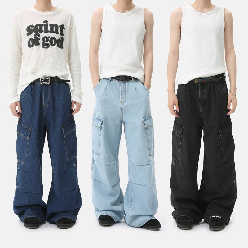 MTLCLOTHES Men's Wear | Korean High Street Heavy Industry Deconstruction Stereo Multi-Pocket Straight Leg Workwear Jeans