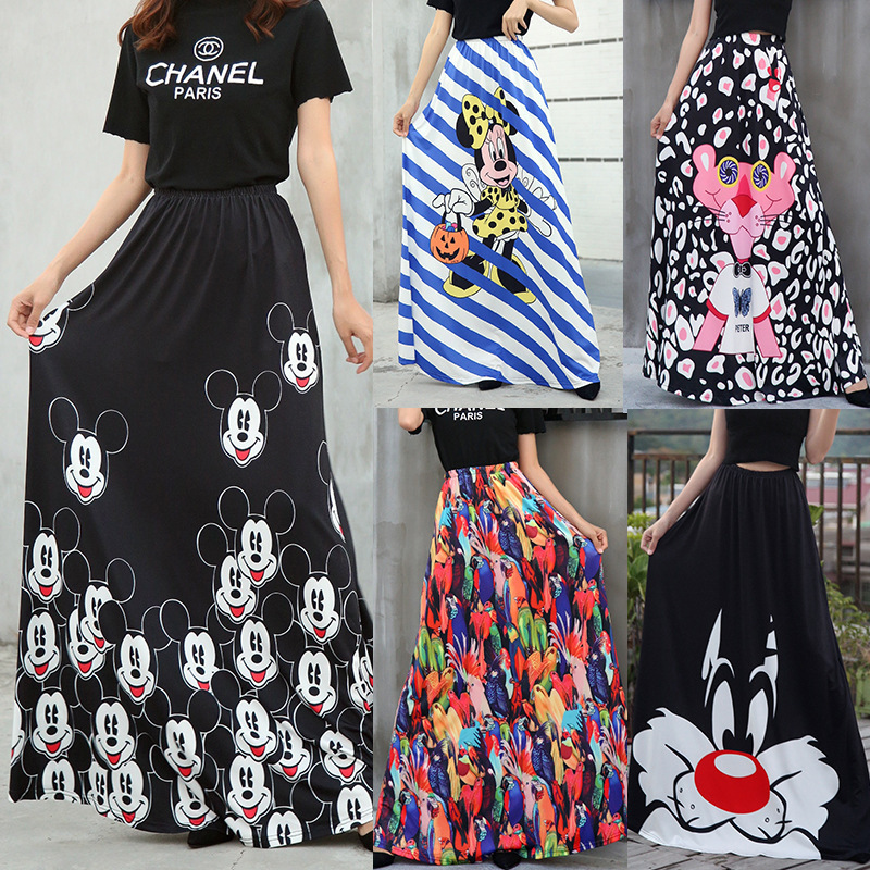Cross-Border Supply Women's Skirts Amazon Wish Cartoon Print High-Waisted Elastic Floor-Length Skirt High-Waisted Slimming Effect Cross-Border Supply Women's Skirts Amazon Wish Cartoon Print High-Waisted Elastic Floor-Length Skirt High-Waisted Slimming Effect