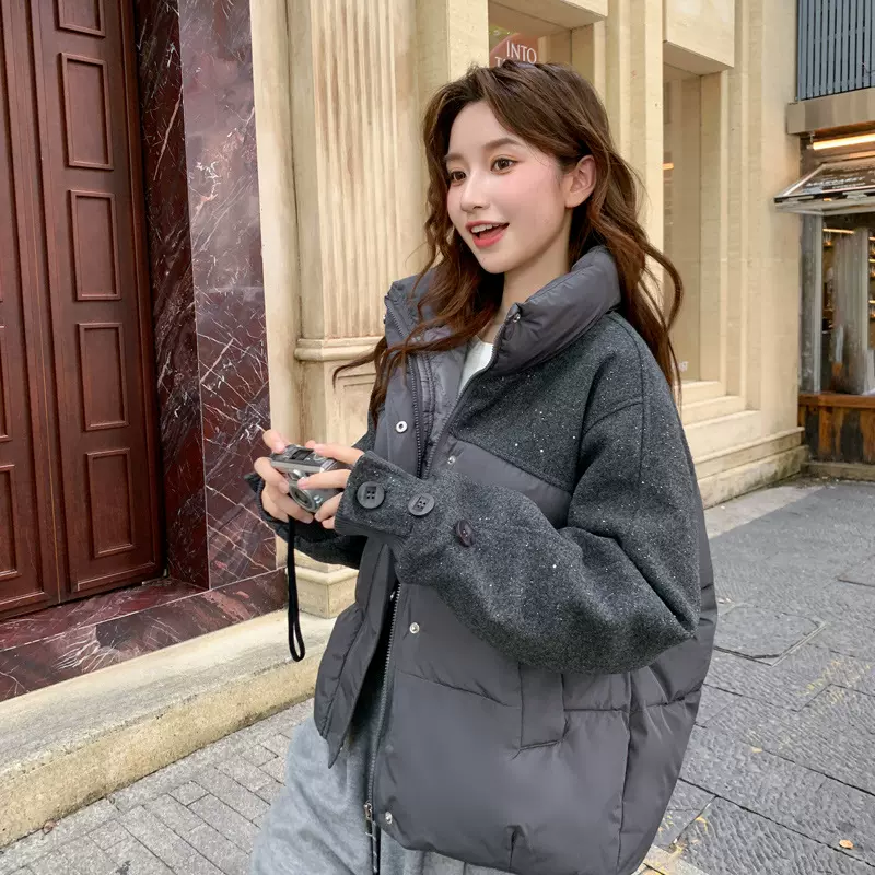实拍2025冬季设计感拼接加厚羽绒棉服女新款学院洋气百搭棉袄外套