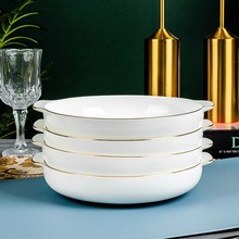 景德镇手绘描金轻奢陶瓷家用菜盘轻奢汤盘深盘批发金边双耳窝盘