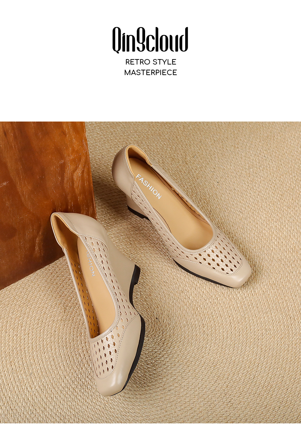 Giày sandal nữ da thật mũi vuông gót xuồng thấp, xỏ chân thoáng khí đi làm — màu trắng ngà, màu mơ chi tiết 13